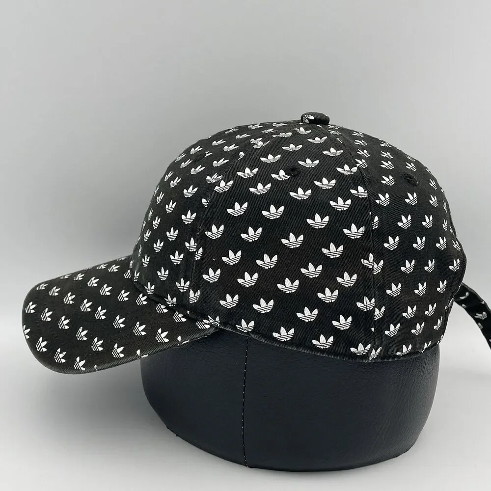 Adidas Trefoil Logo All Over Print Strapback Hat Black White OSFM Adjustable Cap